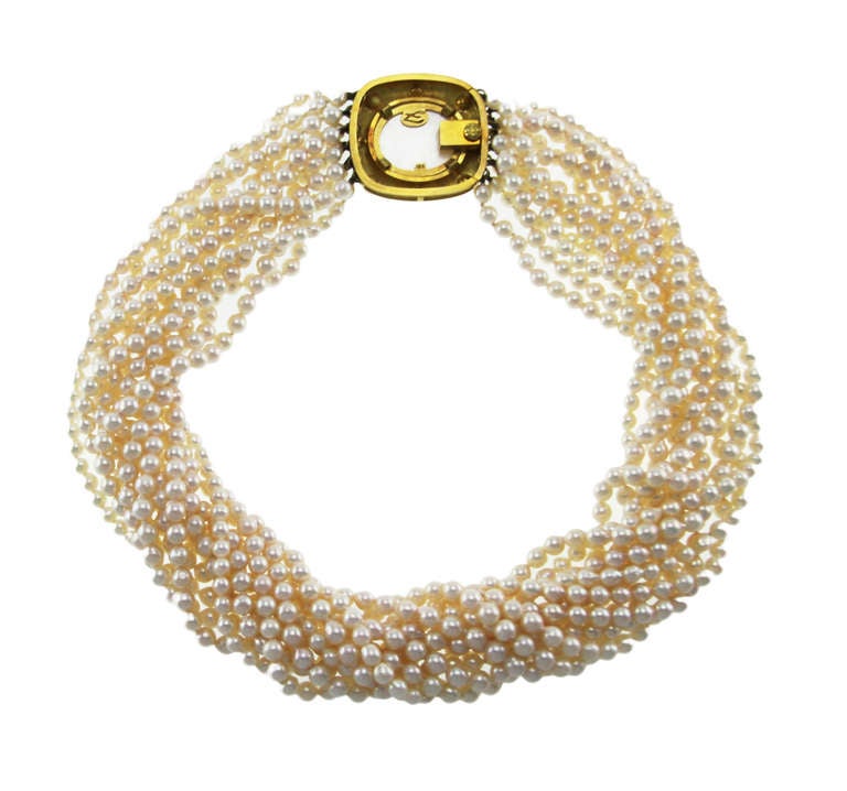 Elizabeth Locke Glass Intaglio, Cultured Pearl and Gold Torsade Necklace In Good Condition In Atlanta, GA
