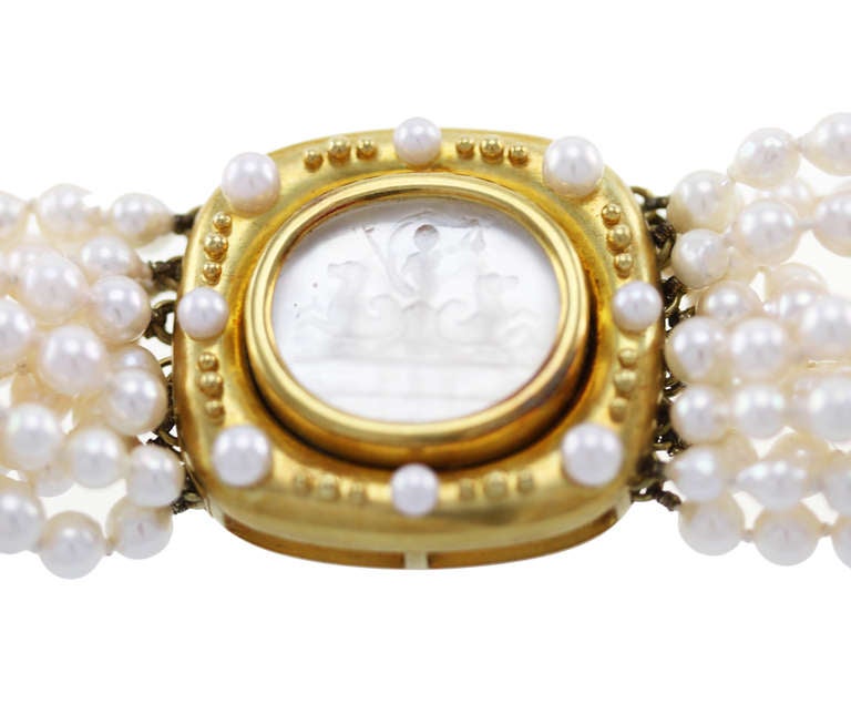 Women's Elizabeth Locke Glass Intaglio, Cultured Pearl and Gold Torsade Necklace