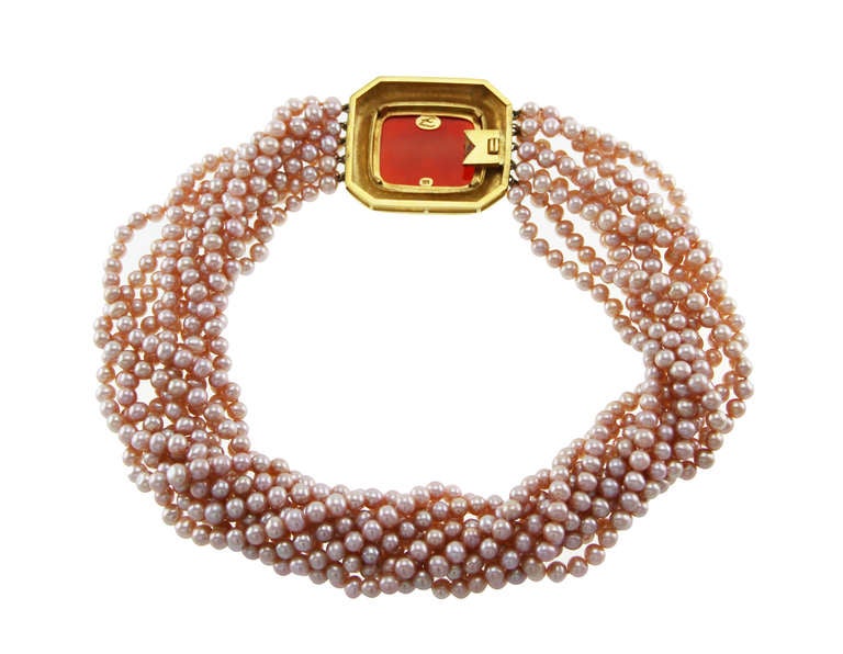 Elizabeth Locke Carnelian Intaglio Gold  Cultured Pearl Torsade Necklace In Good Condition In Atlanta, GA