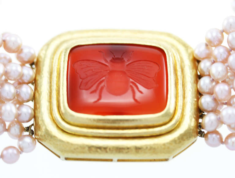 Women's Elizabeth Locke Carnelian Intaglio Gold  Cultured Pearl Torsade Necklace