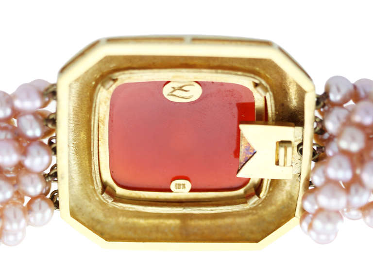 Elizabeth Locke Carnelian Intaglio Gold  Cultured Pearl Torsade Necklace 1