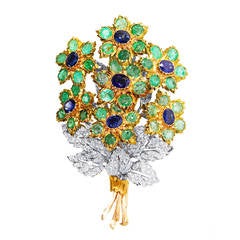 Buccellati Emerald Sapphire Diamond Gold Flower Bouquet Brooch