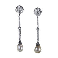 Antique Early 20th Century Natural Pearl and Diamond Pendant-Earrings