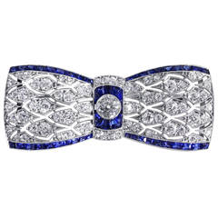 French Art Deco Sapphire Diamond Platinum Bow Brooch