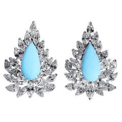Cabochon Turquoise Diamond Platinum Ear Clips
