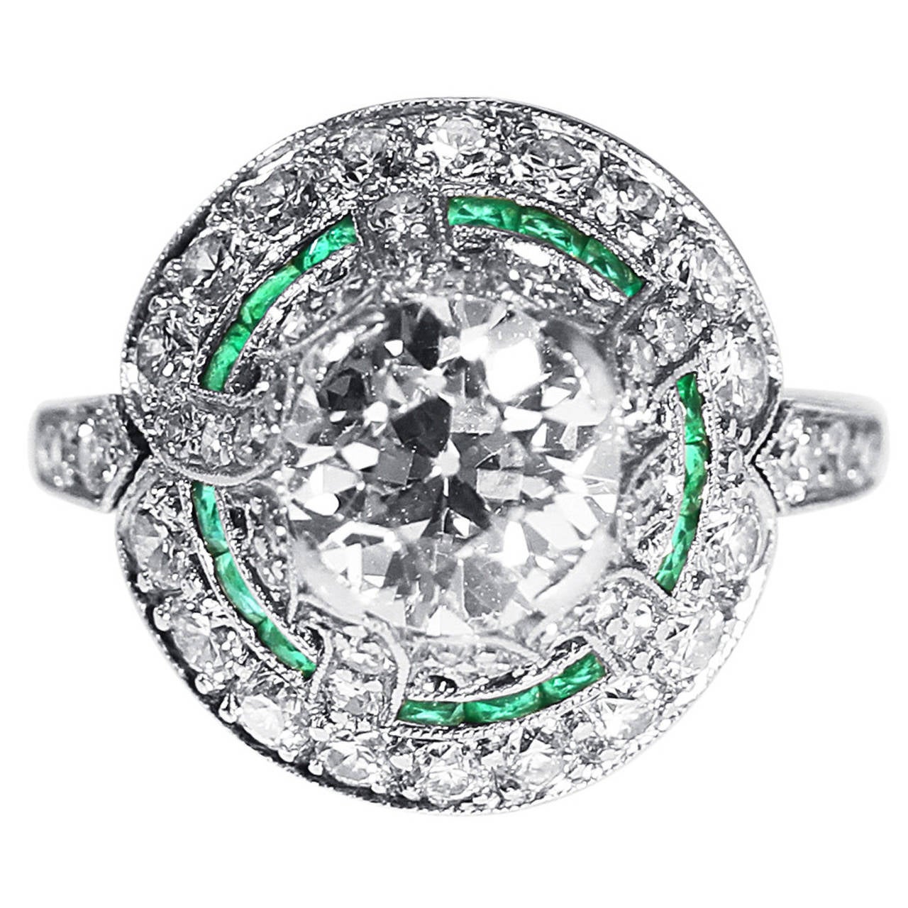  Art Deco Emerald Diamond Platinum Engagement Ring