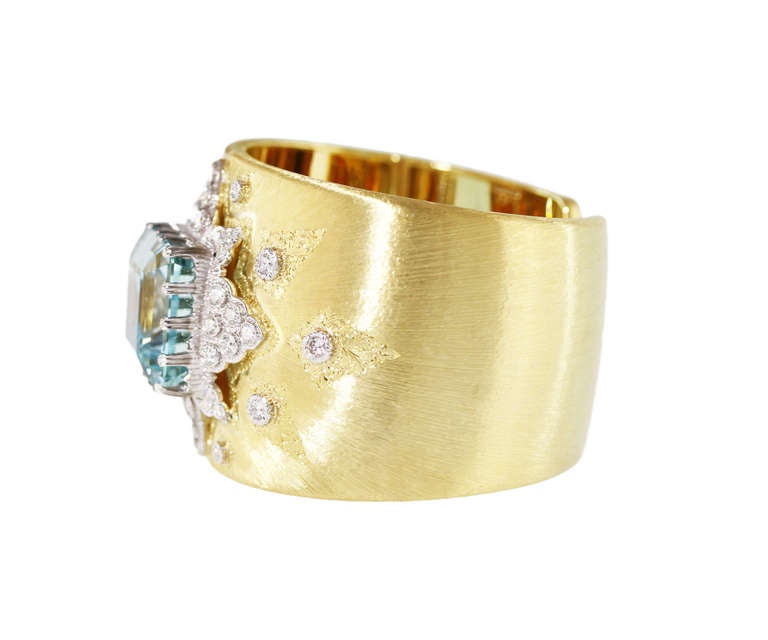 Buccellati Aquamarine Diamond Gold Wide Cuff Bracelet In Good Condition In Atlanta, GA