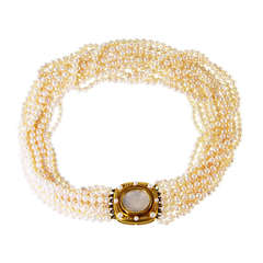 Elizabeth Locke Glass Intaglio, Cultured Pearl and Gold Torsade Necklace
