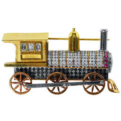 Ruby Diamond Multi-Colored Gold Locomotive Brooch
