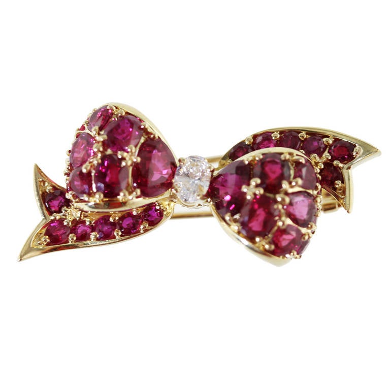 Ruby and Gold Bow Brooch
