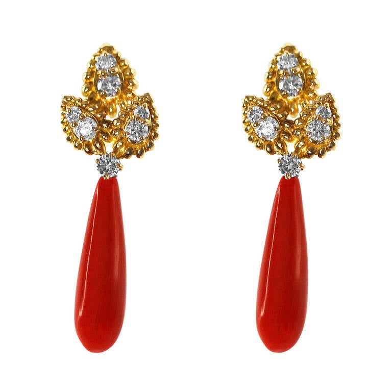 Coral Diamond and Gold Day and Night Pendant Earrings