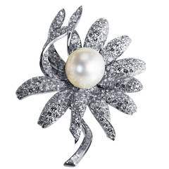 Cultured Pearl Diamond Platinum Flower Brooch