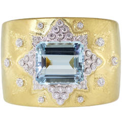 Buccellati Aquamarine Diamond Gold Wide Cuff Bracelet