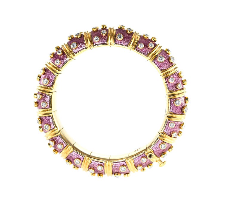 Tiffany & Co. Schlumberger Rare Lilac Enamel Diamond Gold Bangle Bracelet