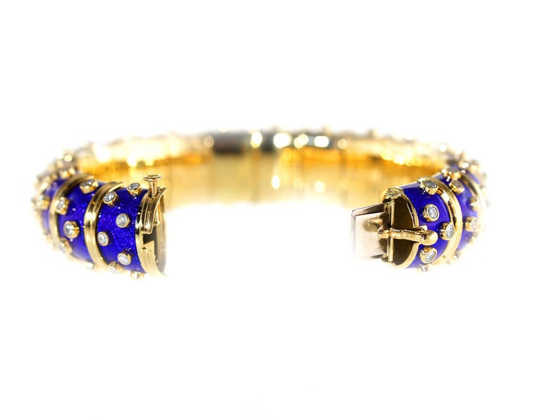 Tiffany & Co. Schlumberger Blue Enamel Diamond Gold Bangle Bracelet In Excellent Condition In Atlanta, GA