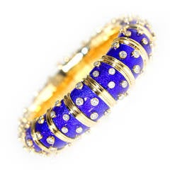 Tiffany & Co. Schlumberger Blue Enamel Diamond Gold Bangle Bracelet