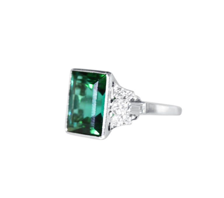 Art Deco Green Tourmaline Diamond Platinum Ring