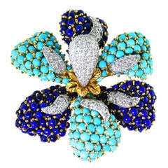 French Turquoise Lapis Lazuli Diamond Gold Flower Brooch