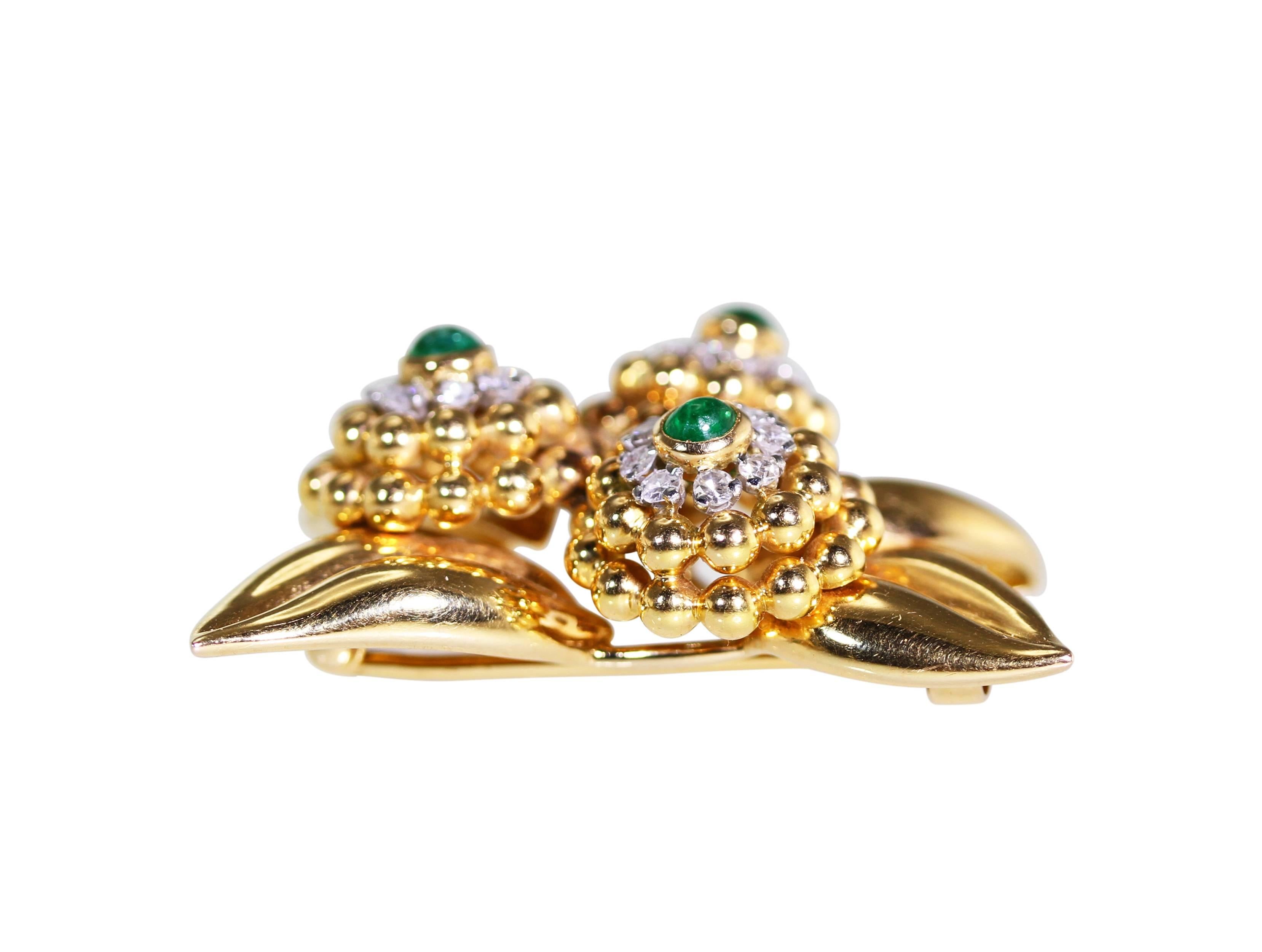 Retro Emerald Diamond Gold Floral Brooch and Earclips For Sale 1
