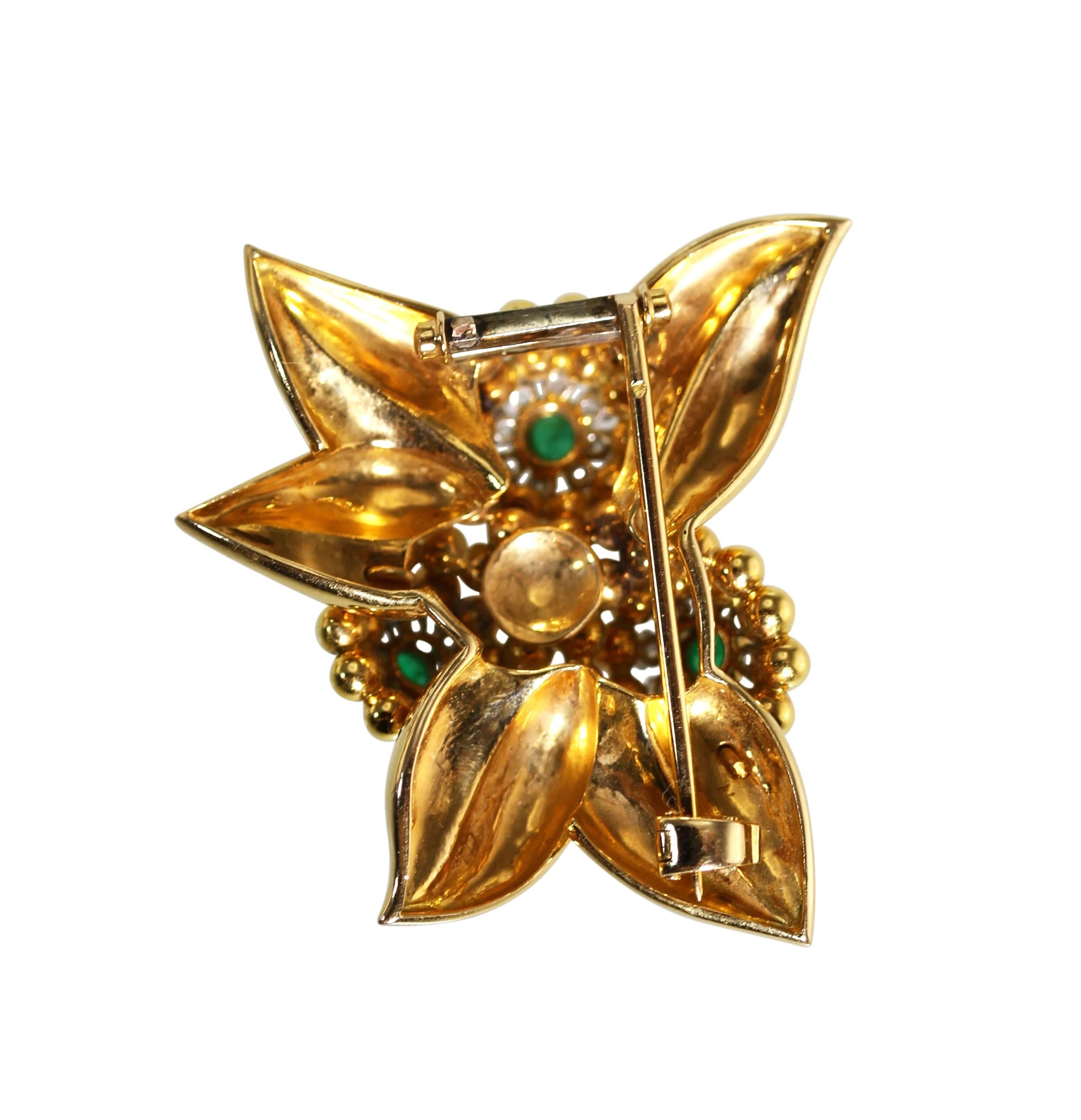 Retro Emerald Diamond Gold Floral Brooch and Earclips For Sale 2
