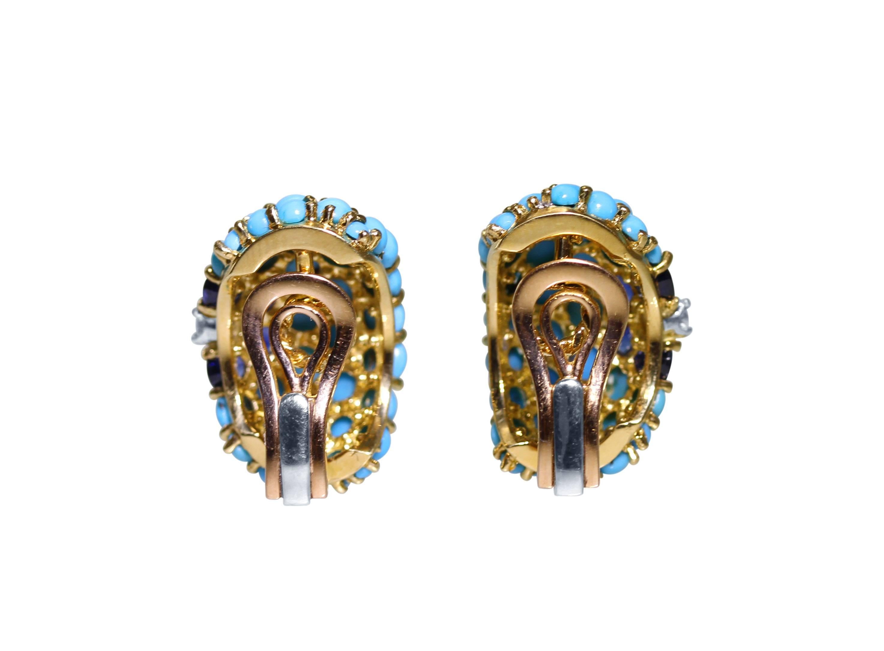 Carvin French Turquoise Sapphire Diamond Gold Earclips In Excellent Condition In Atlanta, GA