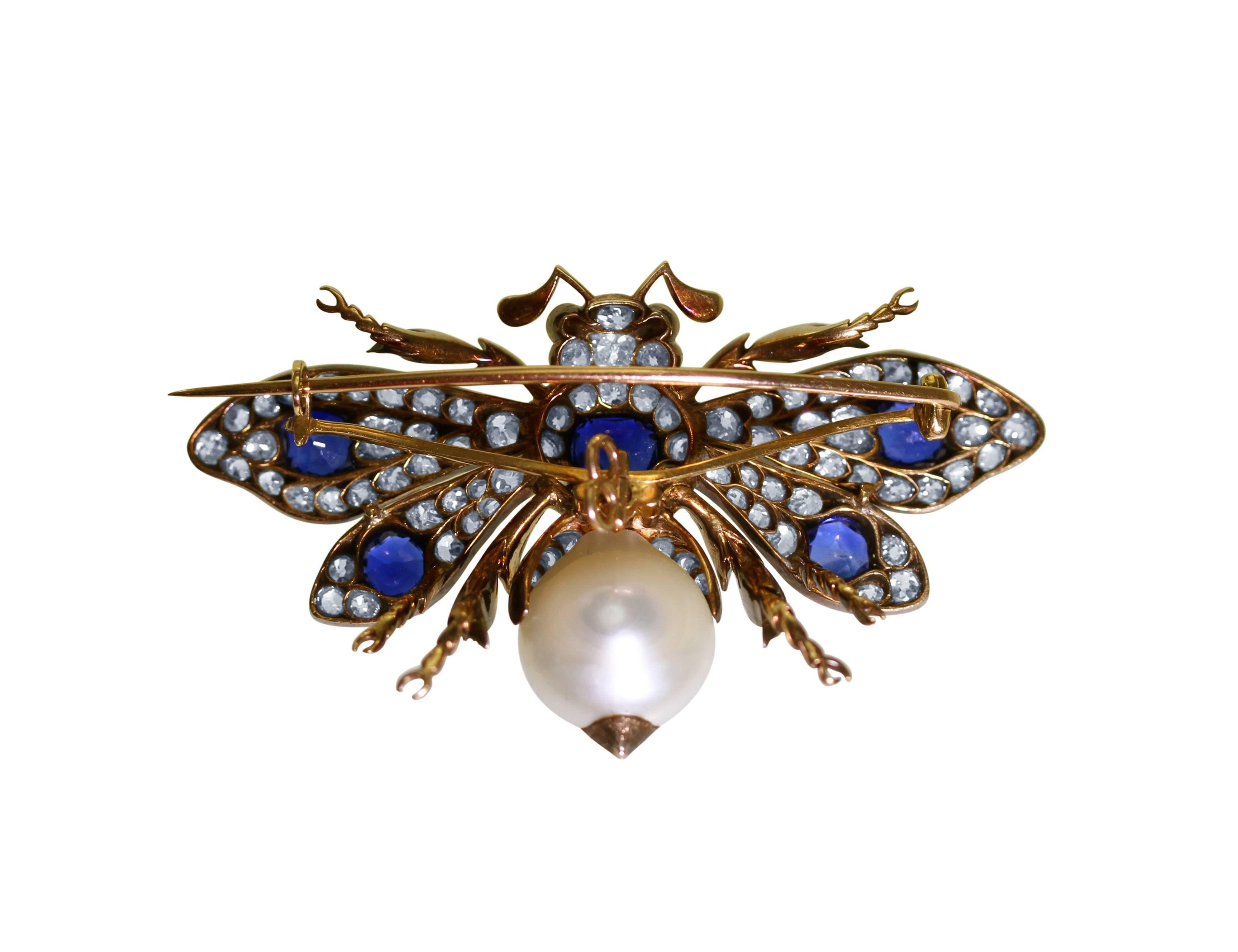 Larger Antique Sapphire Pearl Ruby Diamond Bumblebee Brooch In Excellent Condition In Atlanta, GA