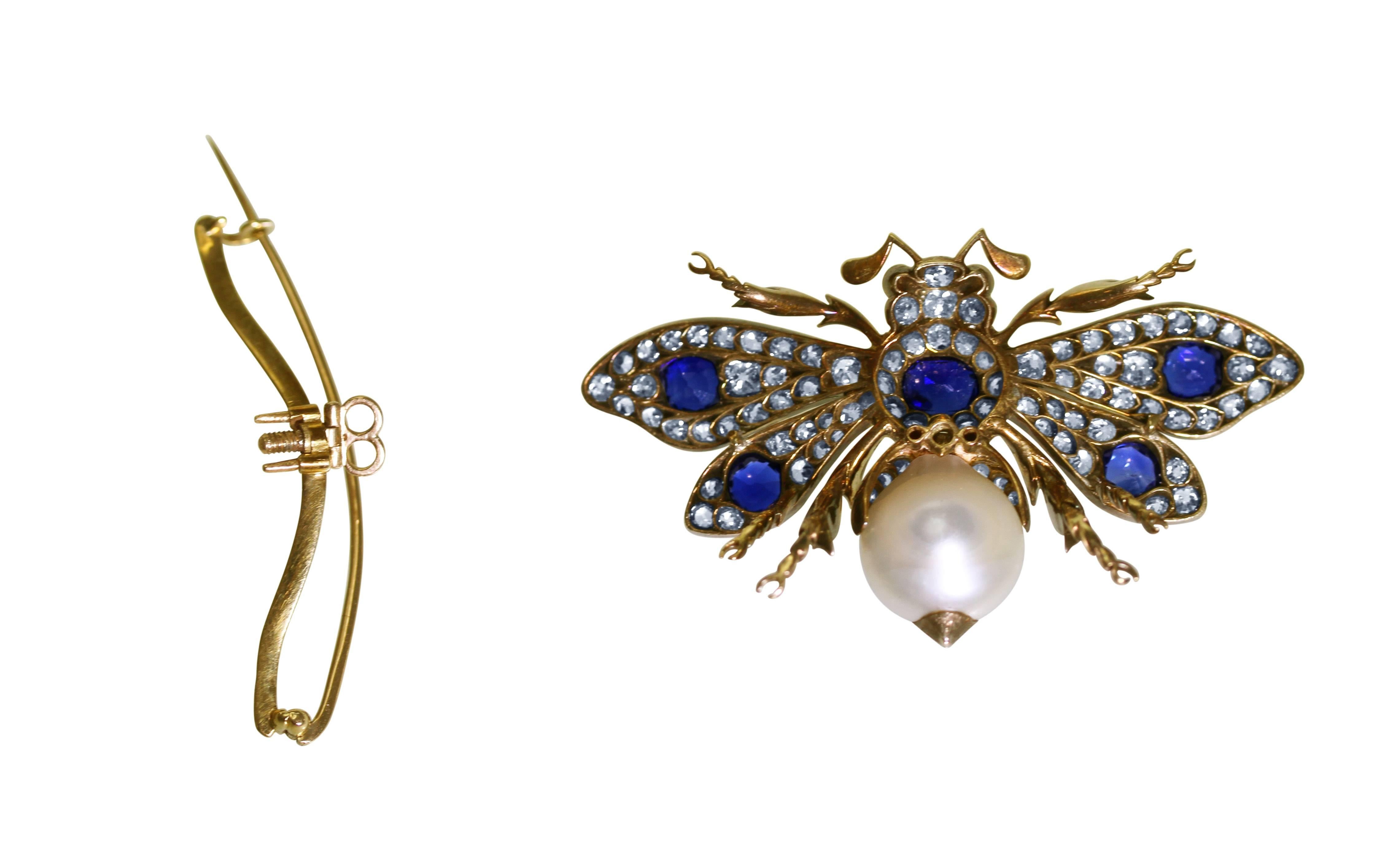 Women's Larger Antique Sapphire Pearl Ruby Diamond Bumblebee Brooch