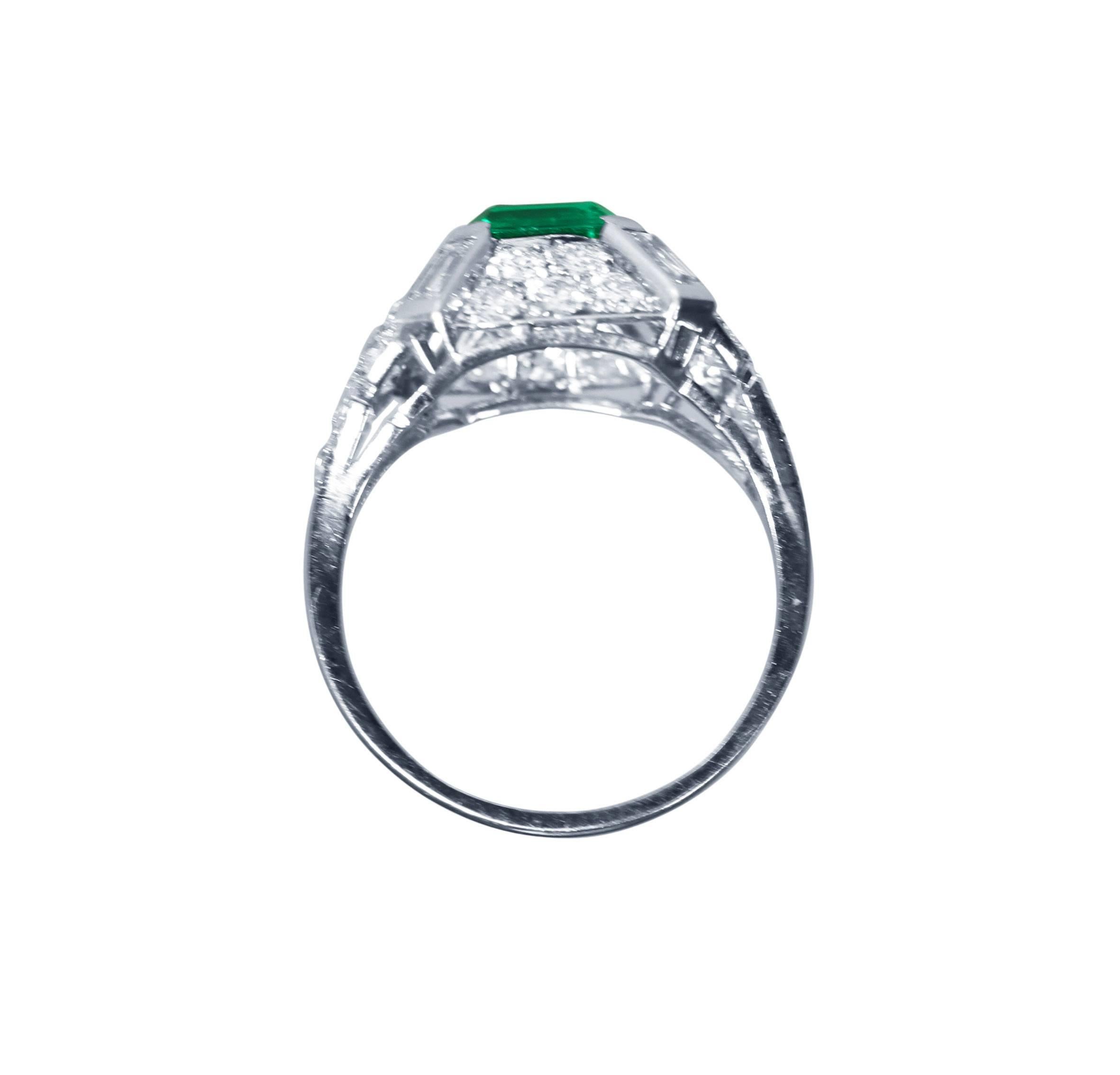 Art Deco Colombian Emerald Diamond Platinum Ring 1