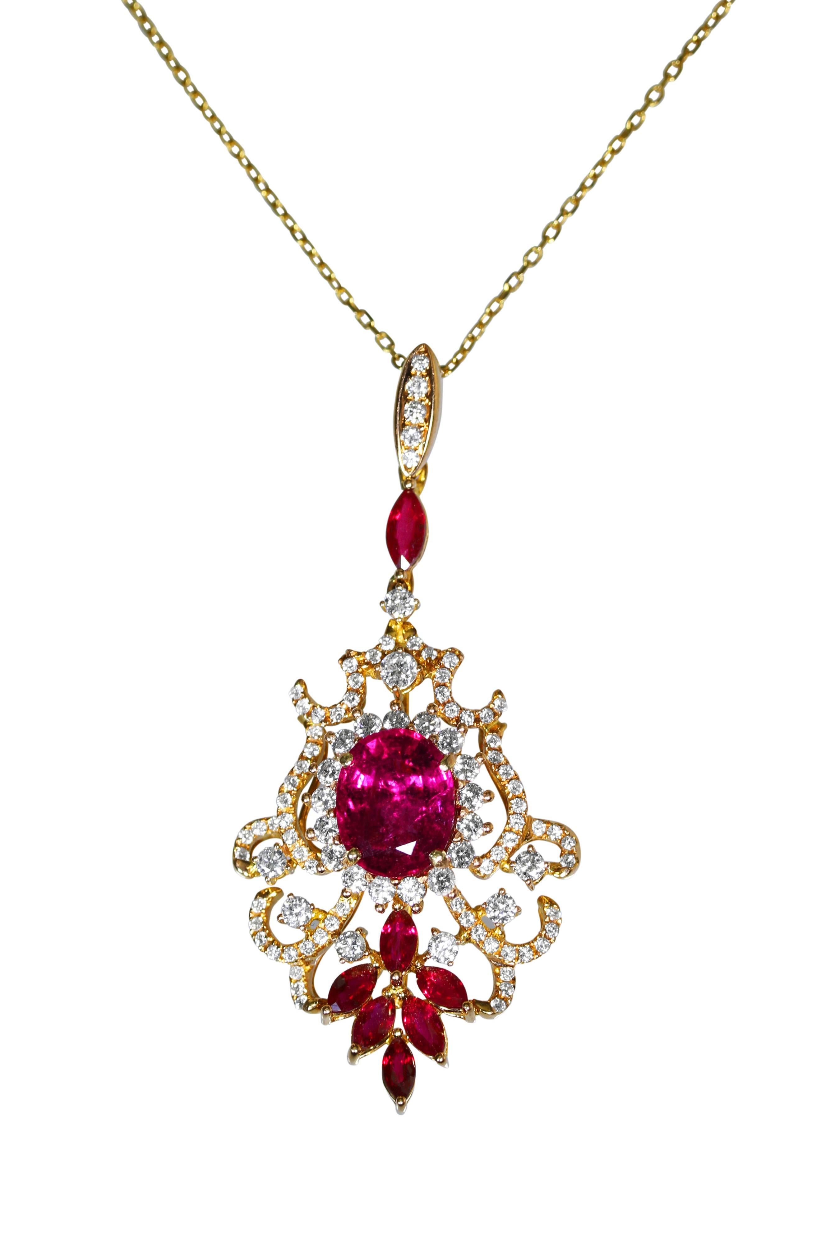 An 18 karat rose gold pendant of openwork scroll and foliate design set with an oval pink tourmaline weighing 2.75 carats, accented by 7 marquise-shaped rubies weighing approximately 1.40 carats, and 98 round diamonds weighing approximately 1.20