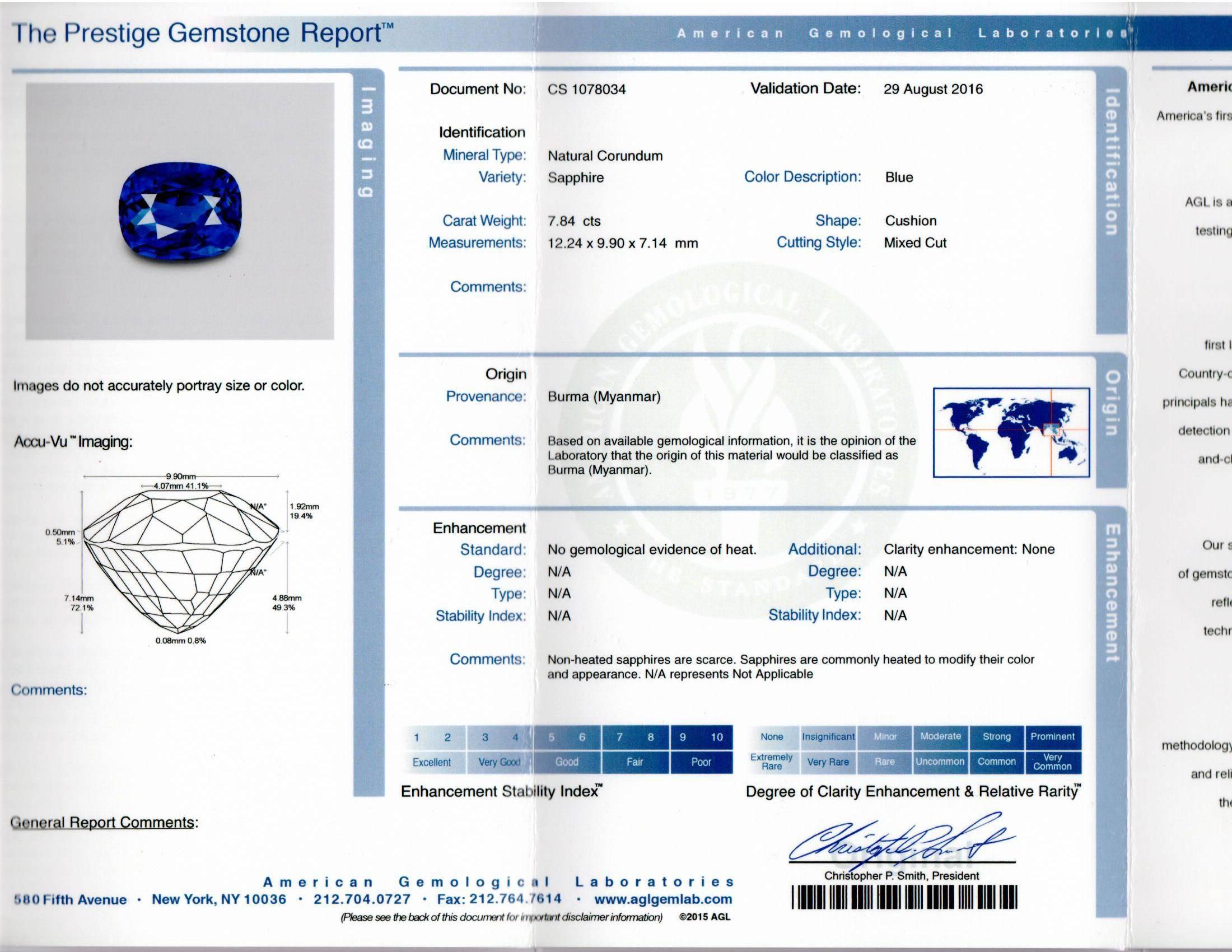7.84 Carat AGL Certified Burma Sapphire Diamond Platinum Ring 2