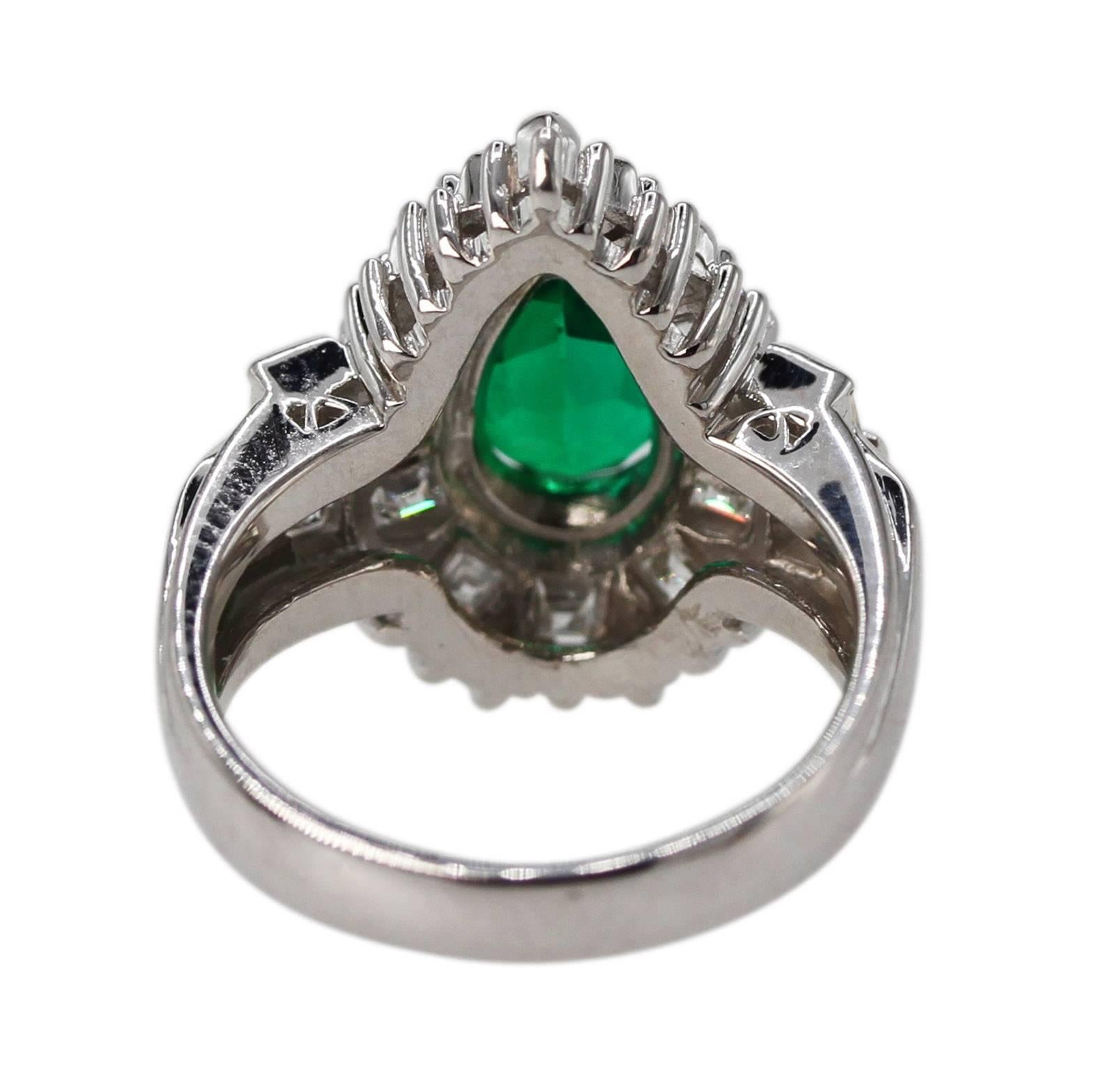 Pear Cut GIA Certified 1.52 Carat Emerald and Diamond Ring