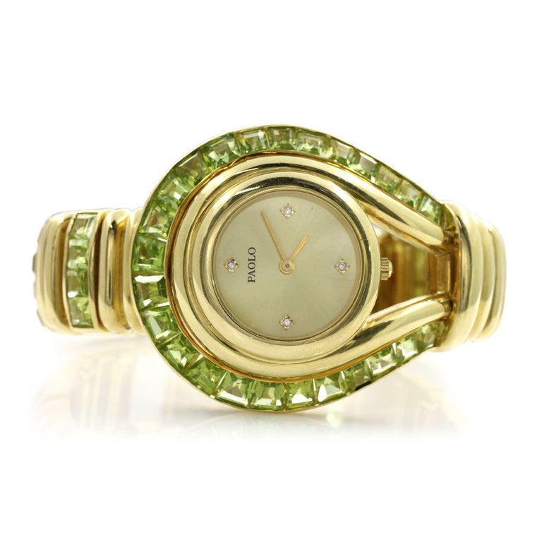 Rare Paolo Gucci 12.5ct Peridot Gemstone and Diamond 18K Yellow Gold Lady’s Watch For Sale at