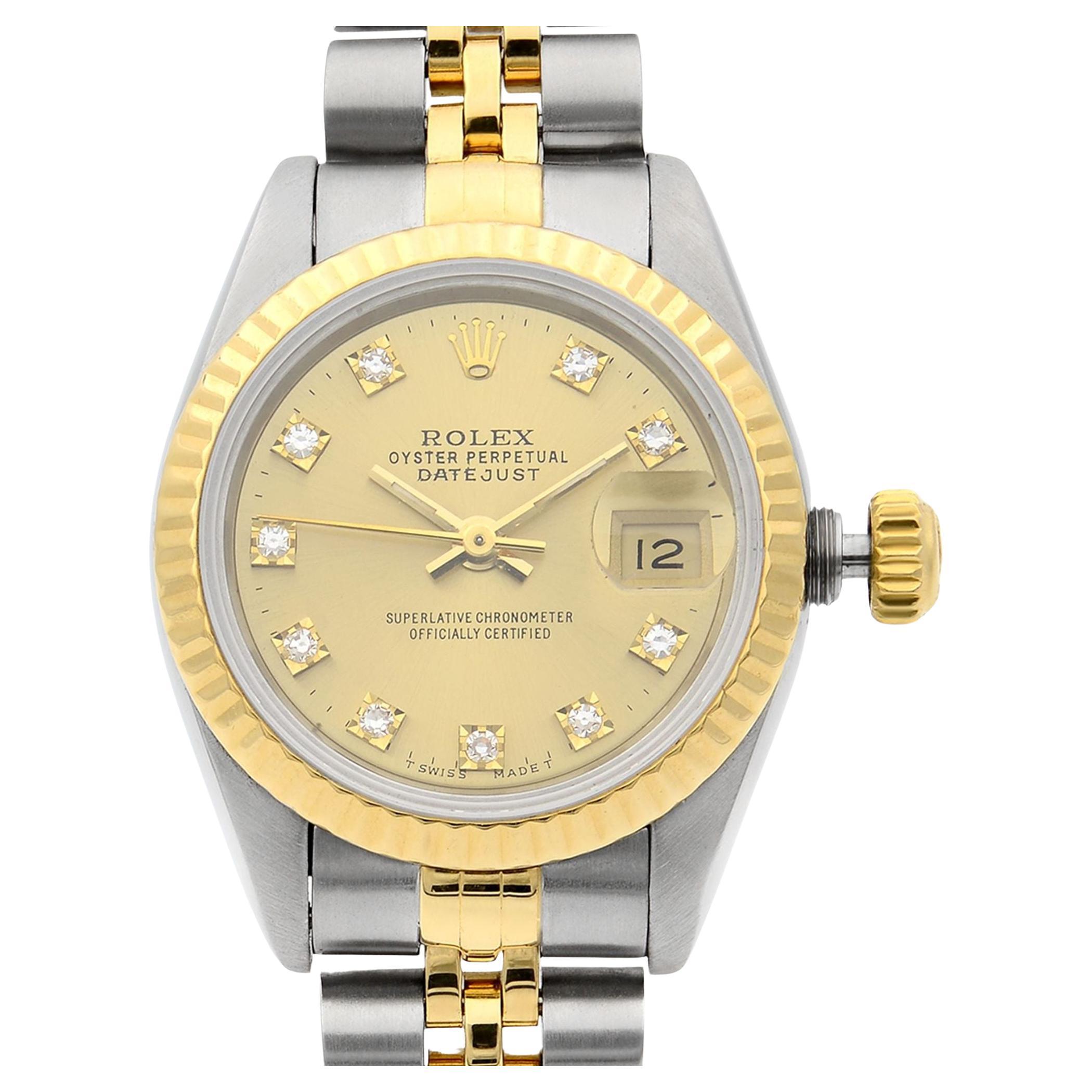 Rolex Datejust 18k Gold Champagne Factory Diamond Dial Ladies Watch 69173