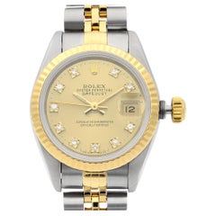 Used Rolex Datejust 18k Gold Champagne Factory Diamond Dial Ladies Watch 69173