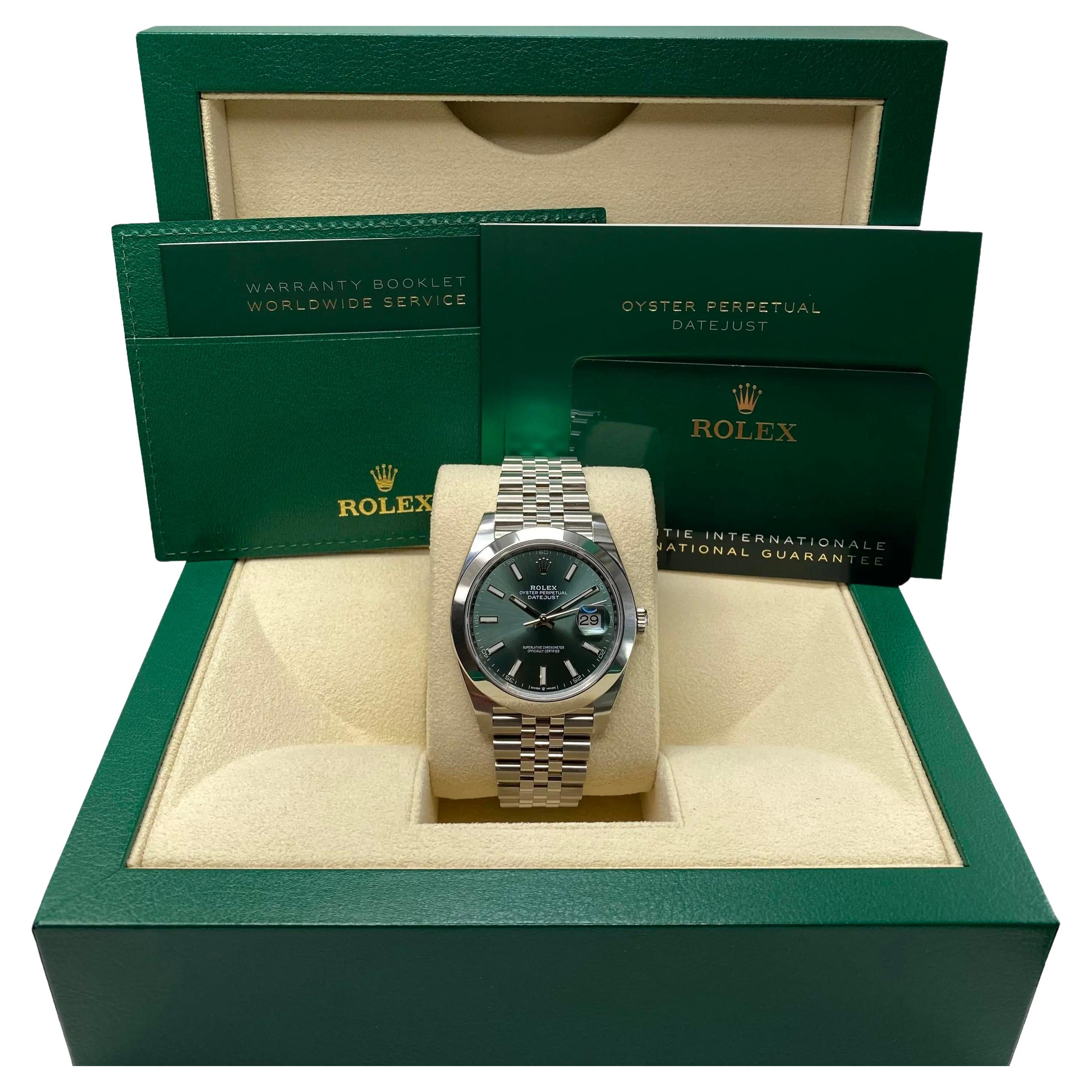 Rolex Montre Datejust 41 mm automatique pour hommes non portée avec cadran vert menthe en acier, 126300 en vente