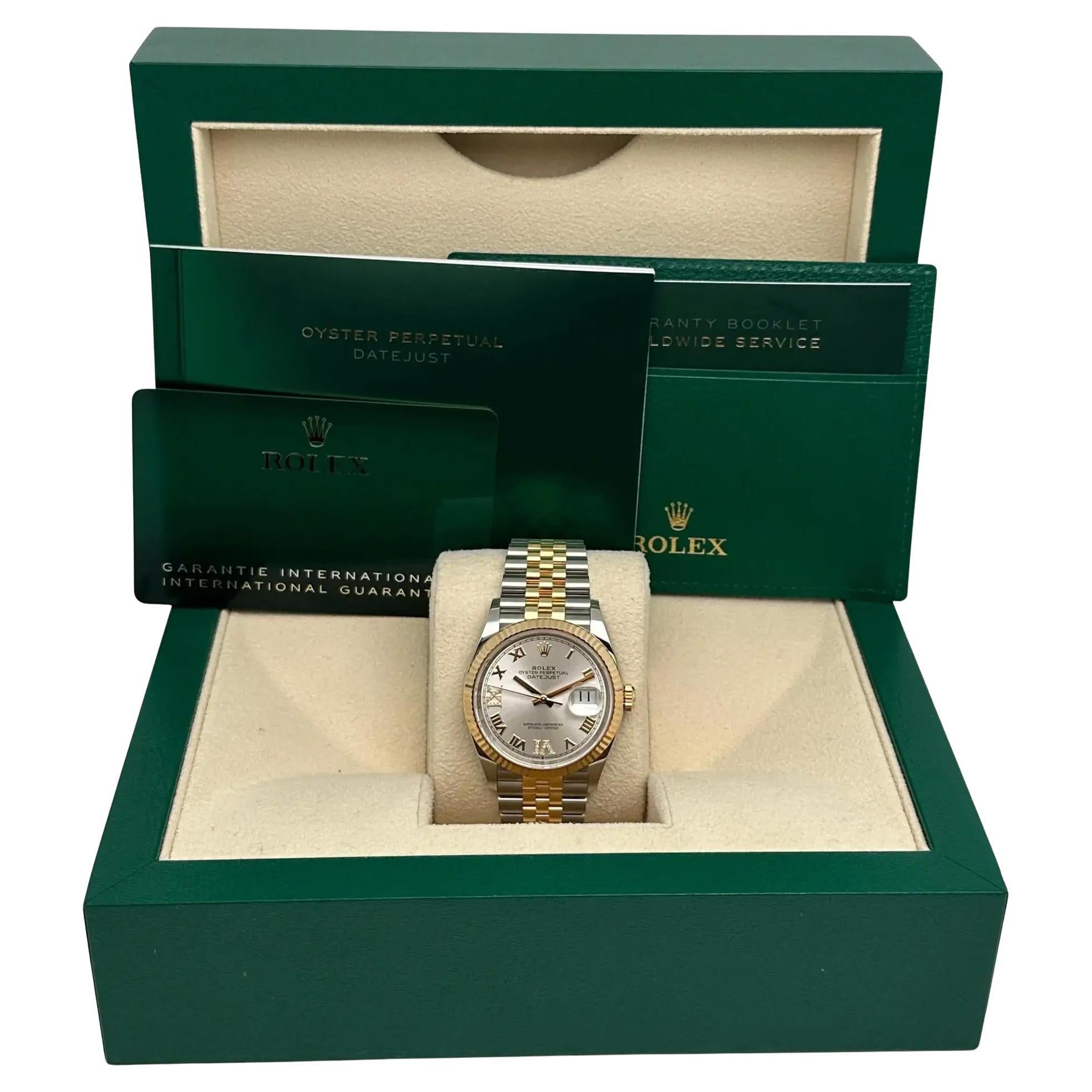 NEW Rolex Datejust 36 18K  Gold Steel VI IX Silver Diamond Dial Watch 126233
