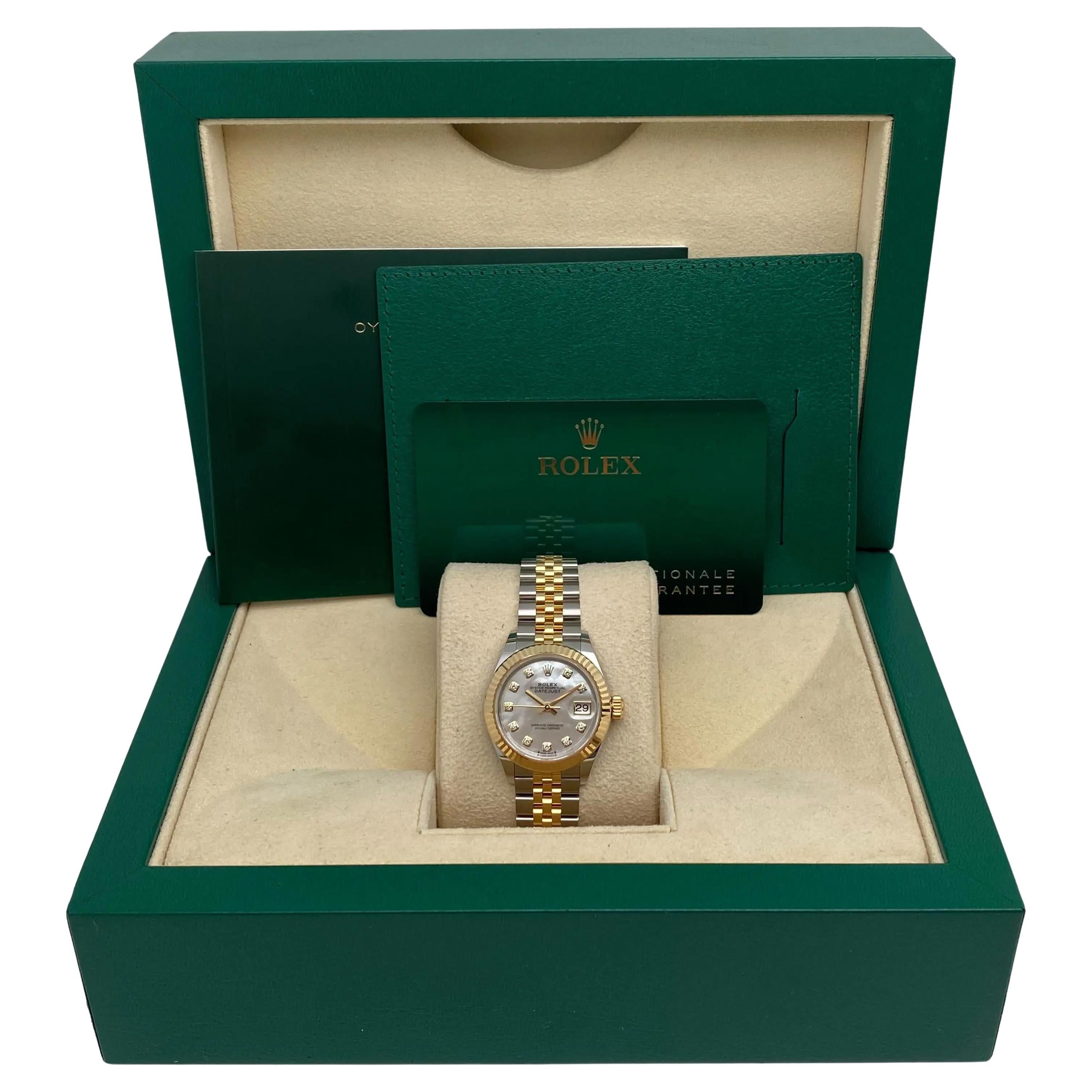 NEW Rolex Lady Datejust 28 18K Yellow Gold Steel MOP Diamond Dial Watch 279173