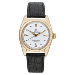 Vintage Rolex Oyster Perpetual 31mm 5050 Bubble Back 14k Gold White Dial Watch