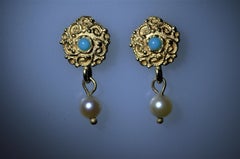 Vintage Turquoise and Pearl Dangler Earrings in Yellow Gold