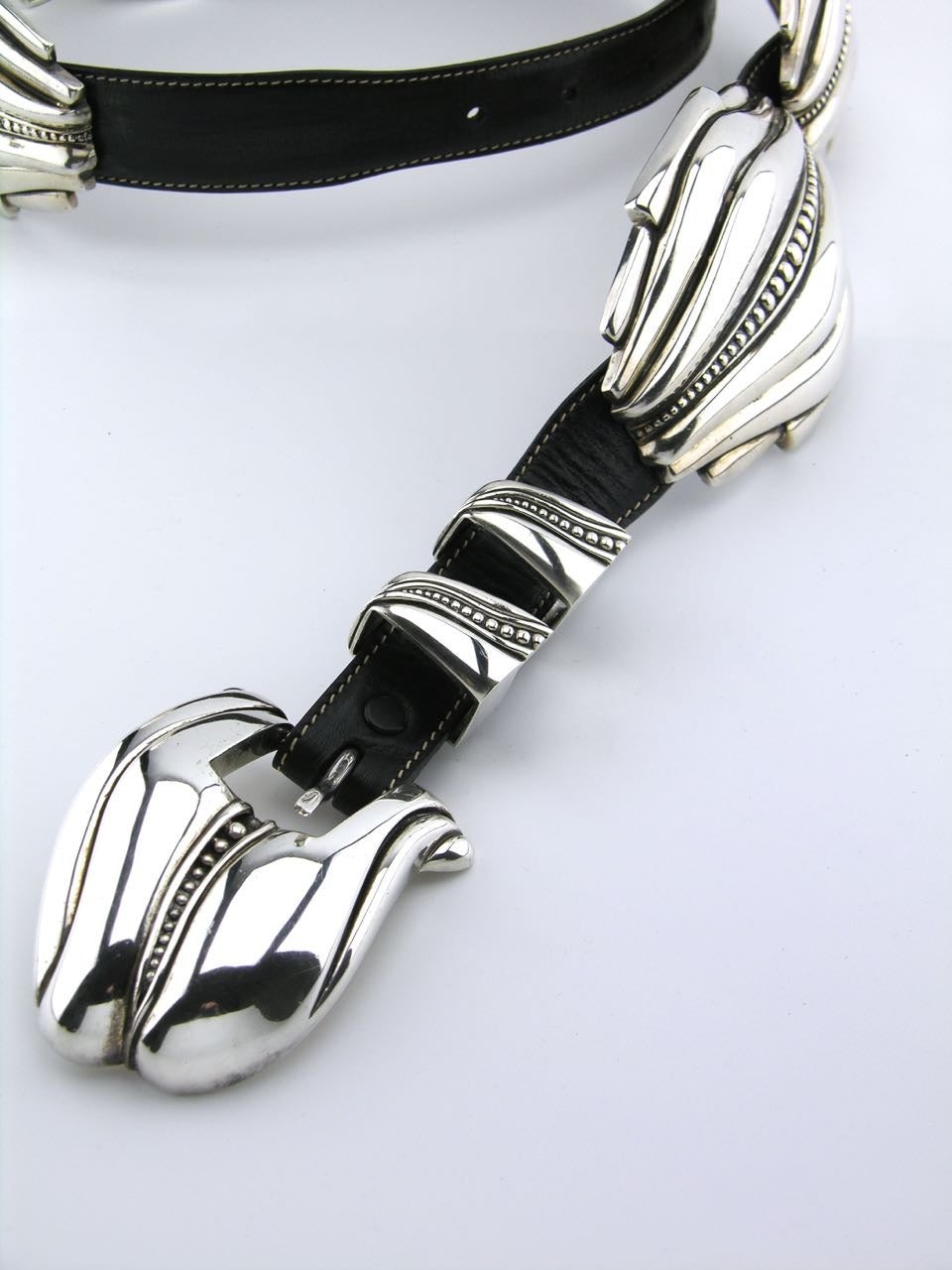 Women's or Men's Barry Kieselstein-Cord Solid Silver and Leather Pecos Conchas Belt