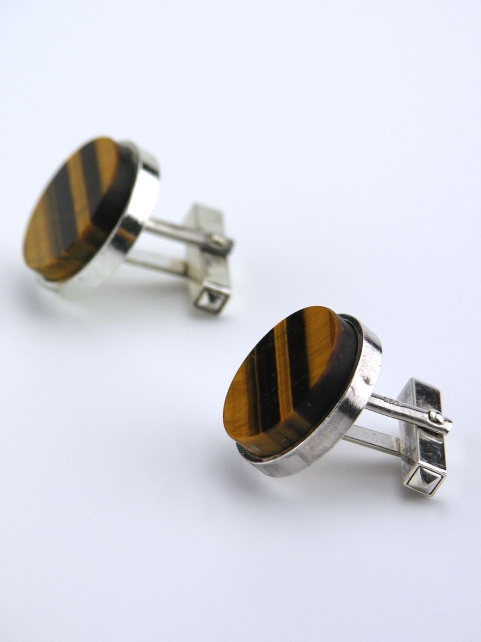 Solid Silver and Tiger's Eye Round Cufflinks