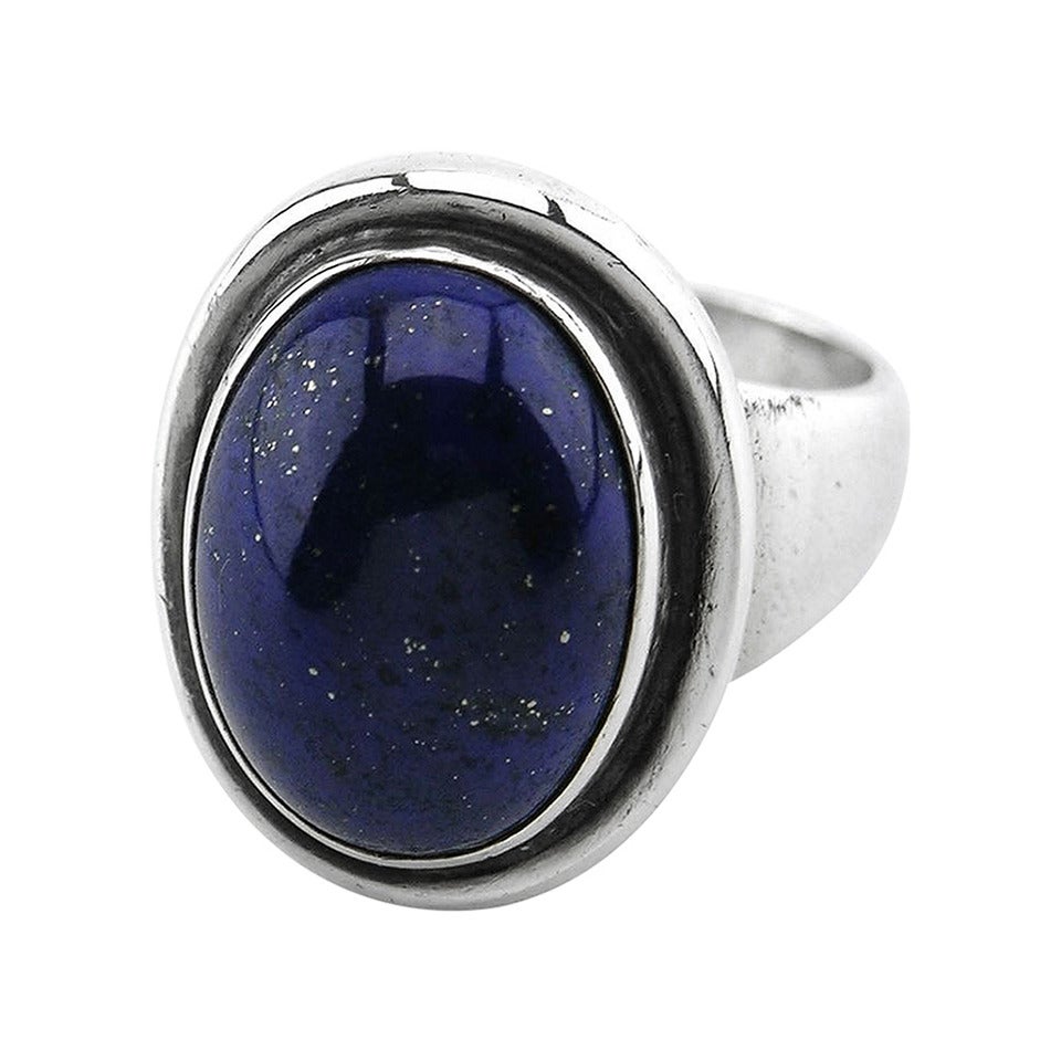 Georg Jensen Solid Silver and Oval Cabochon Lapis Lazuli Ring For Sale