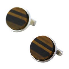 Solid Silver and Tiger's Eye Round Cufflinks