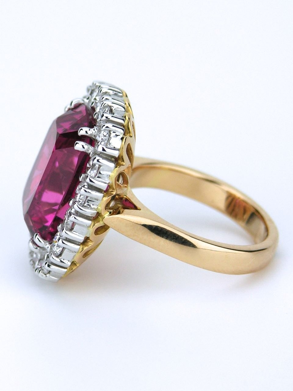 Australian Shocking Pink Cushion Cut Tourmaline Diamond Gold Cluster Ring 1