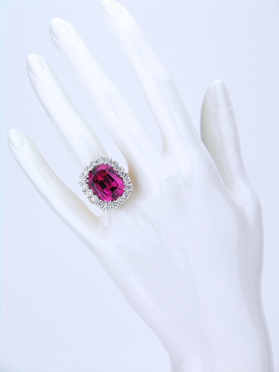 Australian Shocking Pink Cushion Cut Tourmaline Diamond Gold Cluster Ring 3