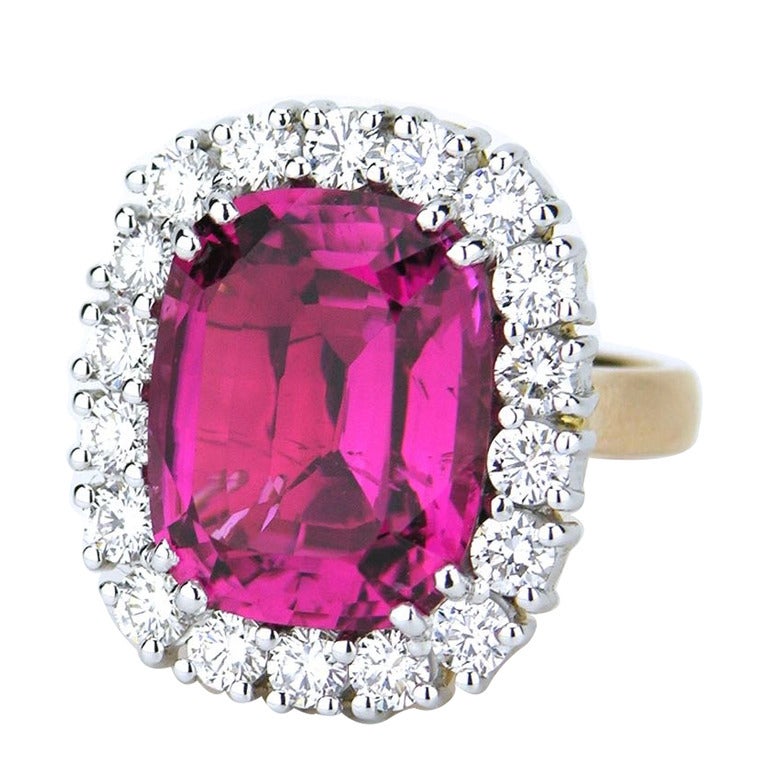 Australian Shocking Pink Cushion Cut Tourmaline Diamond Gold Cluster Ring