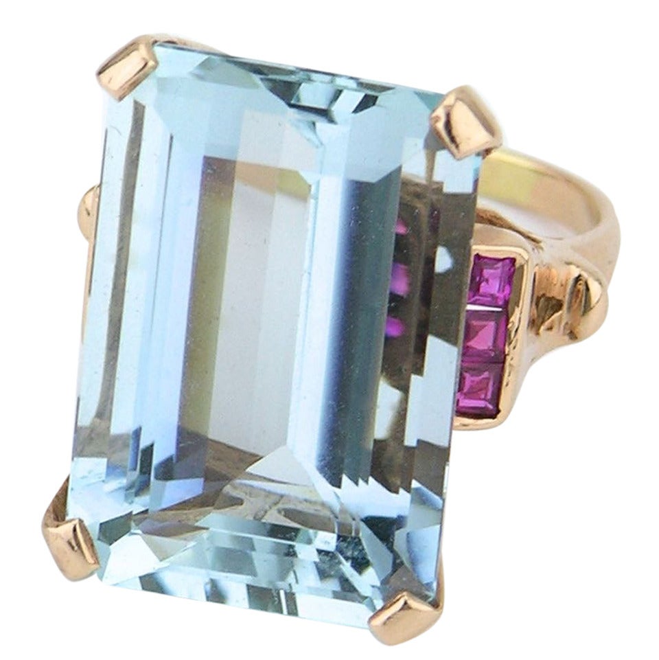 American Retro Aquamarine Ruby Gold Cocktail Ring For Sale