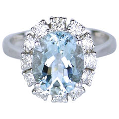 American oval aquamarine diamond Gold cluster ring