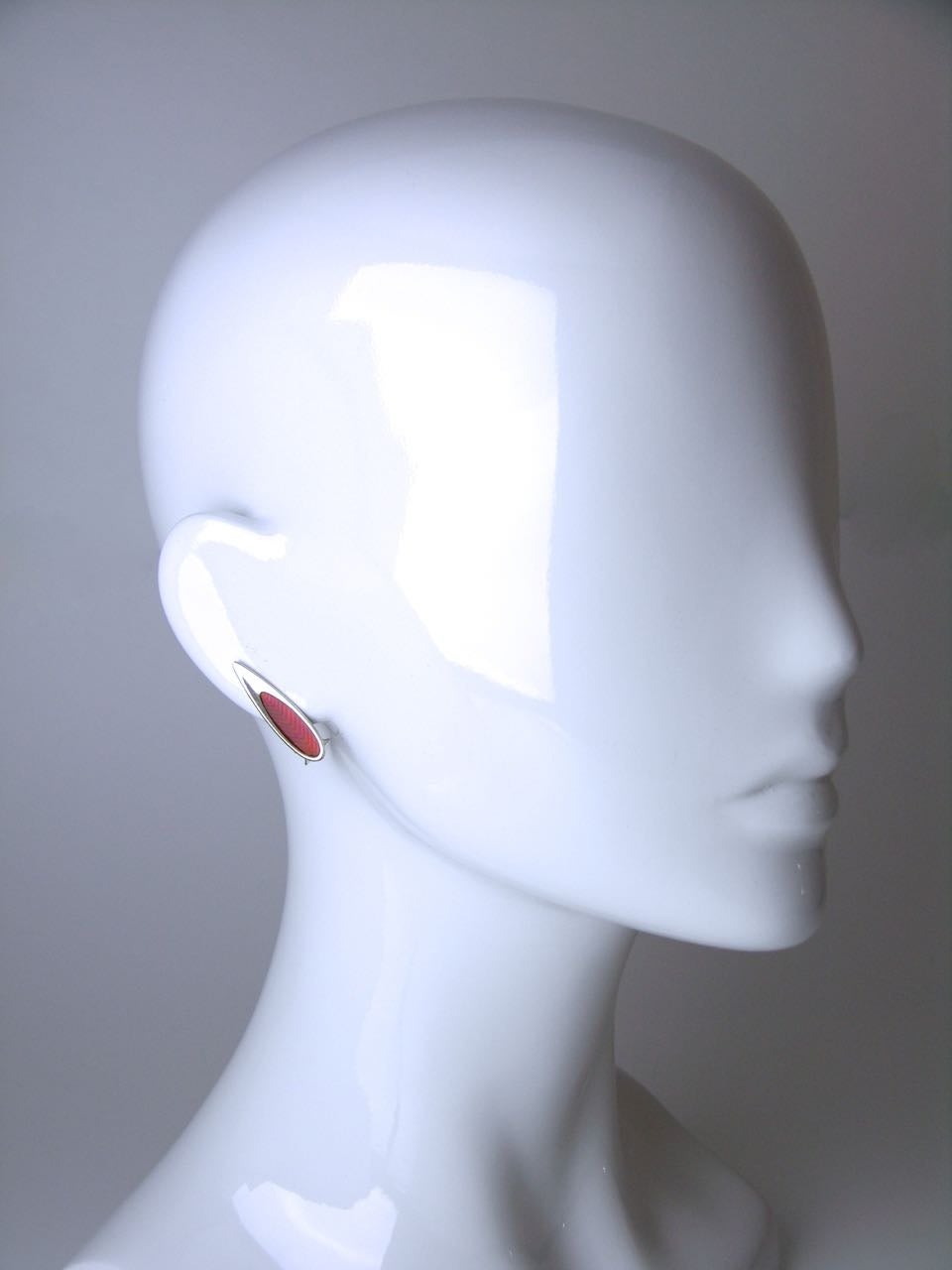 Danish Red Enamel Silver Modernist Clip Earrings For Sale 1