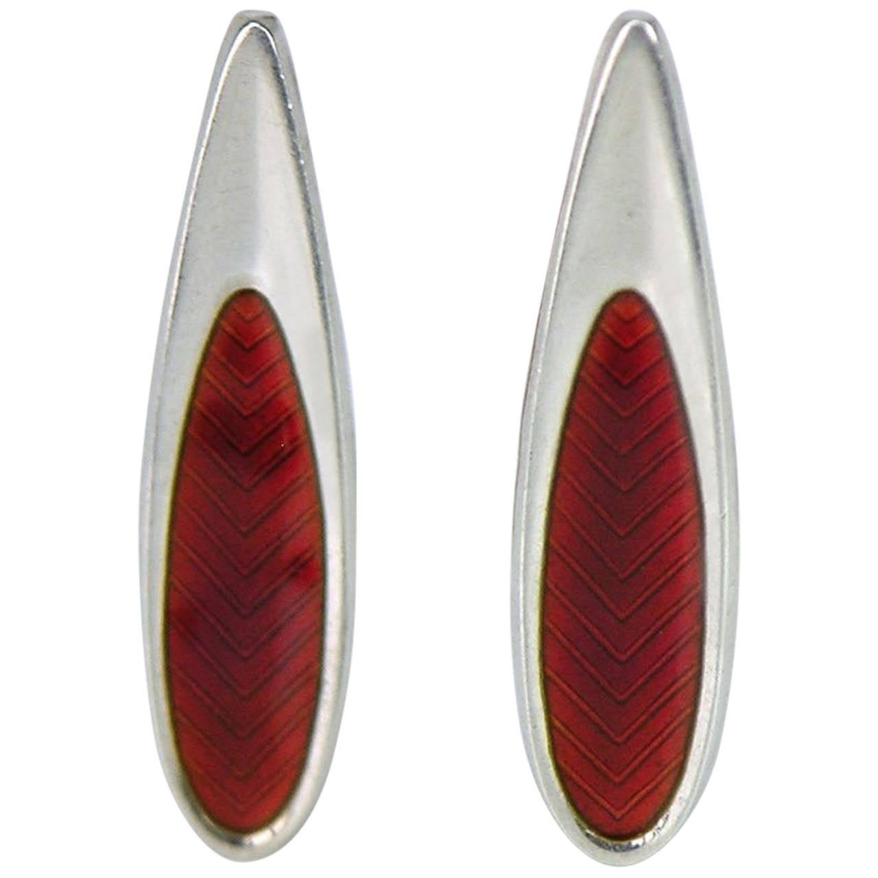 Danish Red Enamel Silver Modernist Clip Earrings For Sale